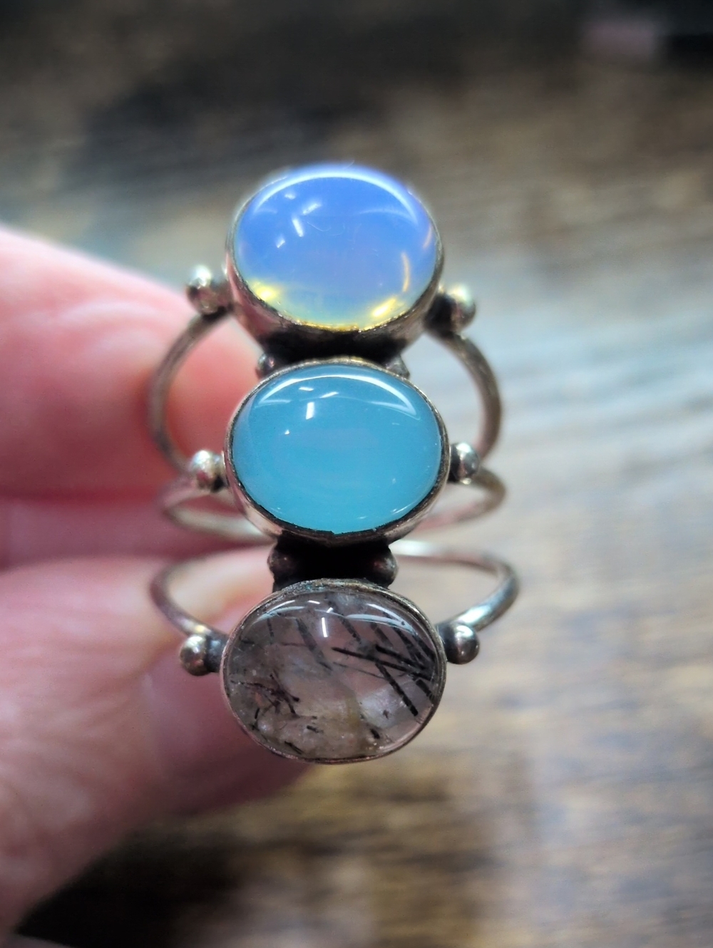 Triple Sterling with Blue Chalcedony/ Opalite and Black Rutilated Quartz